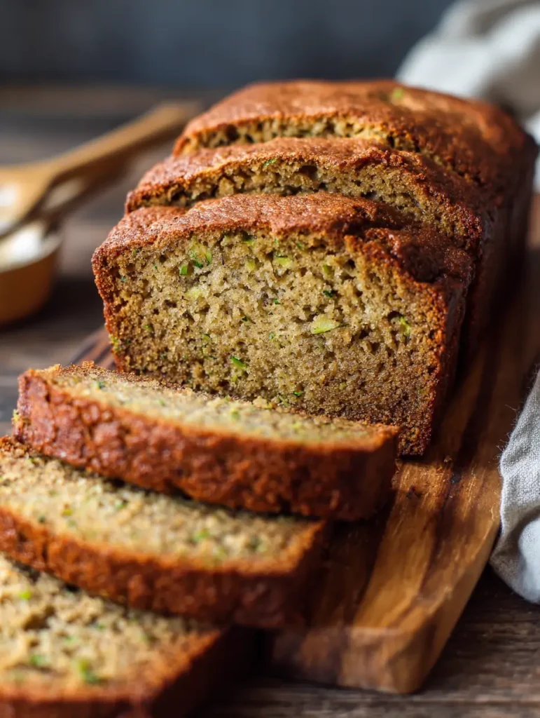 Freshly baked zucchini banana bread loaf with slices cut on a wooden board.