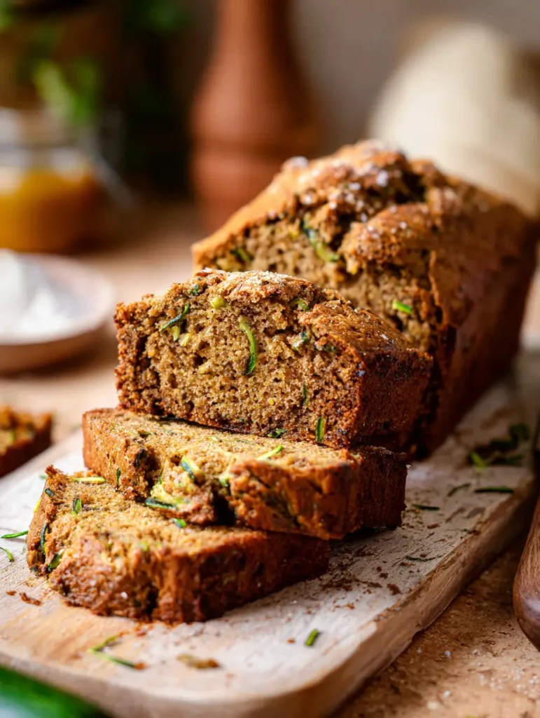 Freshly baked zucchini banana bread loaf with slices cut and placed on a wooden board.