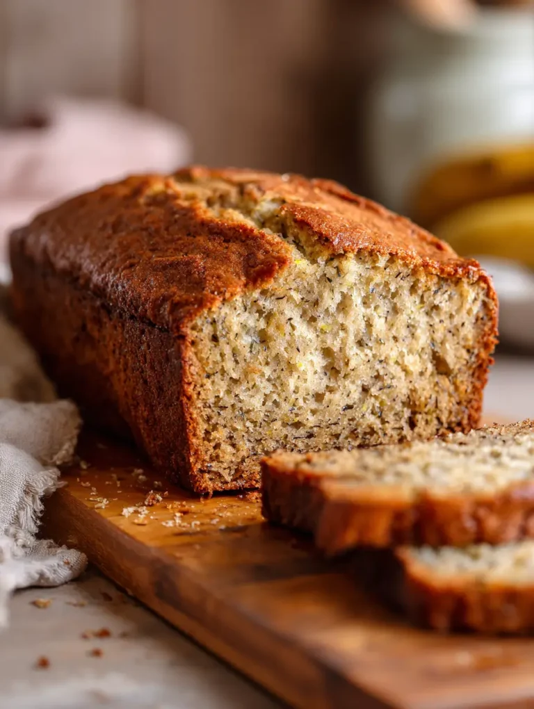 Freshly baked zucchini banana bread loaf with slices cut, showing its moist texture on a wooden cutting board.