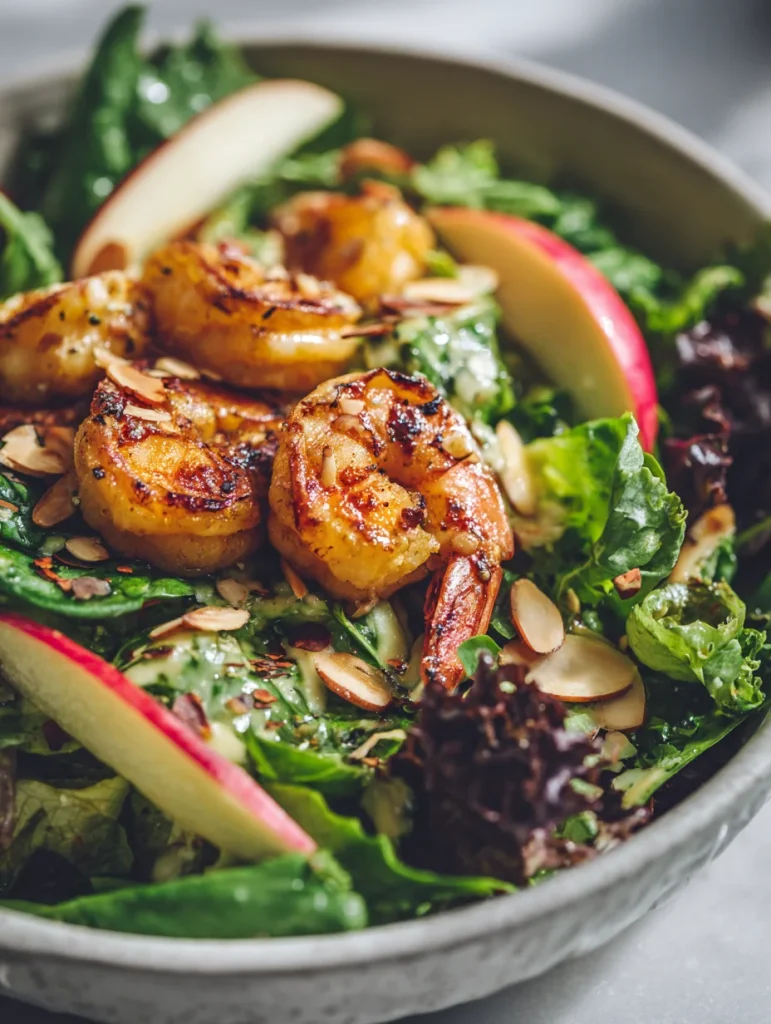 Grilled shrimp salad with apple slices, toasted almonds, and fresh mixed greens.