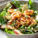 Apple almond shrimp salad with grilled shrimp, fresh herbs, and apple slices.