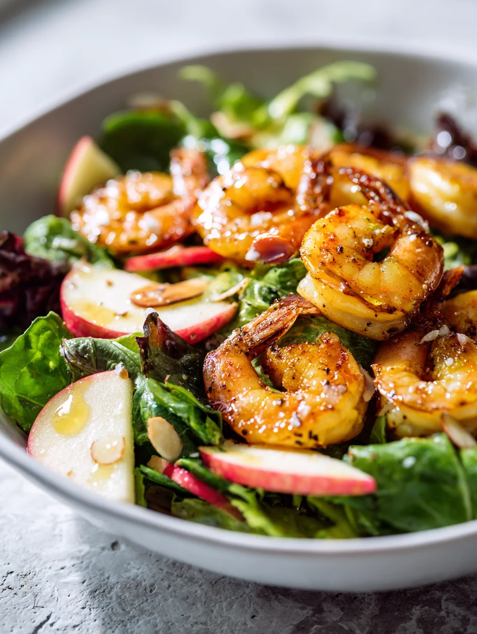Fresh apple almond shrimp salad with mixed greens, sliced apples, toasted almonds, and grilled shrimp.