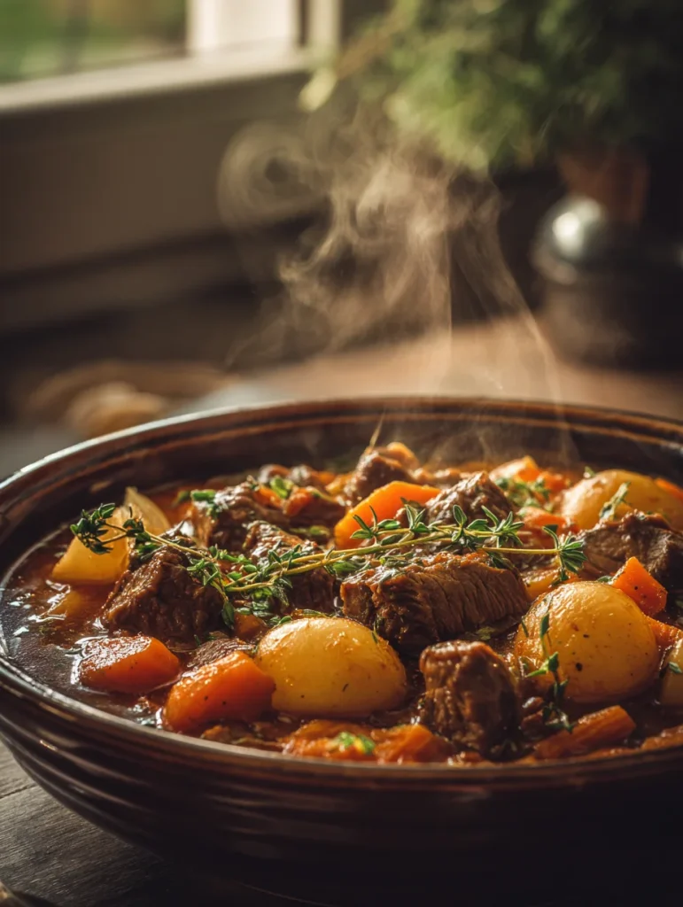 Bowl of steaming autumn harvest beef stew with beef chunks, baby potatoes, carrots, and fresh thyme.