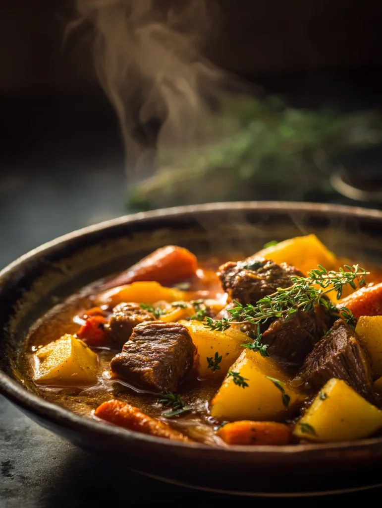 Bowl of autumn harvest beef stew with beef chunks, golden potatoes, carrots, and fresh thyme, steaming hot.