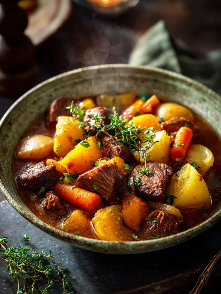 Rustic bowl of autumn harvest beef stew with tender beef, carrots, and potatoes in a rich broth.