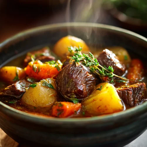 Rustic bowl of autumn harvest beef stew with tender beef chunks, carrots, potatoes, and fresh thyme, steaming hot.
