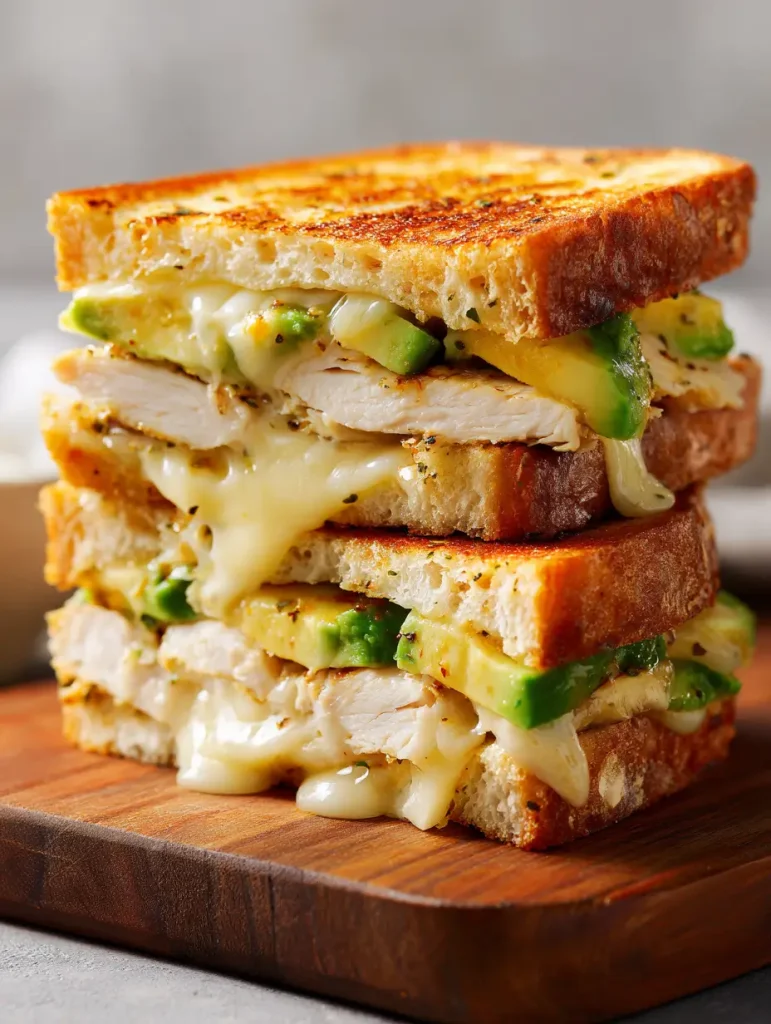 Close-up of a grilled chicken avocado melt sandwich stacked in halves with melted cheese oozing between crispy golden bread slices.