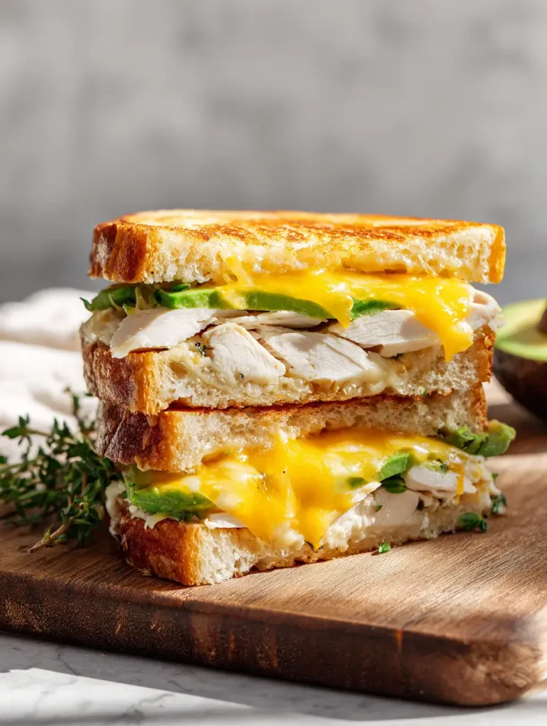 Close-up of a golden-brown chicken avocado melt sandwich stacked in halves on a wooden board. The sandwich is filled with juicy sliced chicken, creamy avocado, and melted cheddar cheese oozing between toasted bread slices.