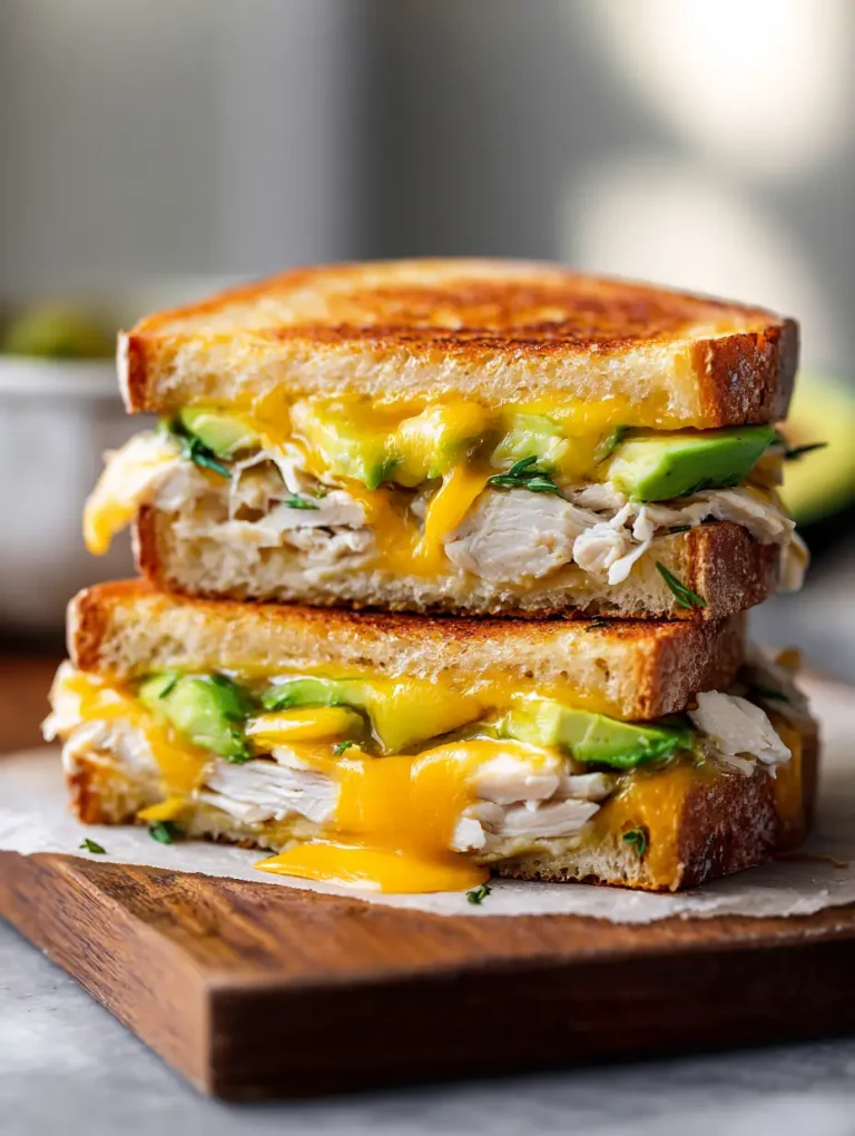 Chicken avocado melt sandwich with melted cheddar cheese oozing between golden toasted bread slices, layered with fresh avocado and tender chicken.