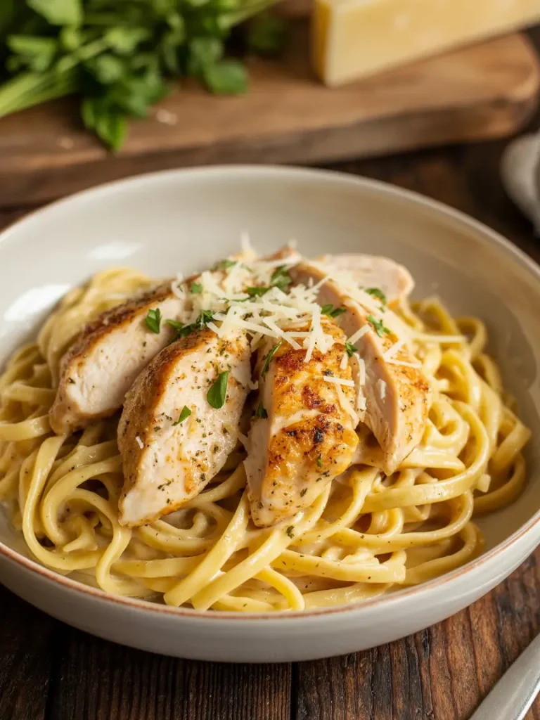 Close-up of creamy chicken linguine topped with sliced grilled chicken breast and garnished with fresh herbs.