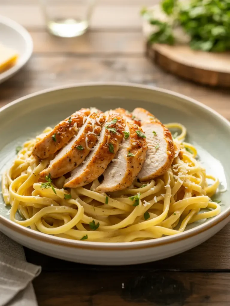 Chicken linguine topped with grilled chicken breast slices, garnished with fresh herbs and parmesan cheese.
