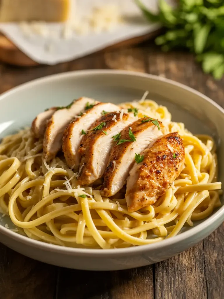 Plate of chicken linguine topped with sliced grilled chicken breast and grated parmesan.