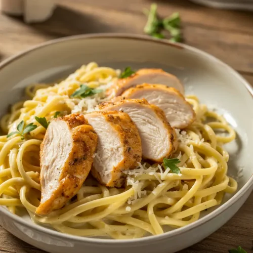 Plate of creamy chicken linguine pasta topped with sliced grilled chicken breast and garnished with parsley.
