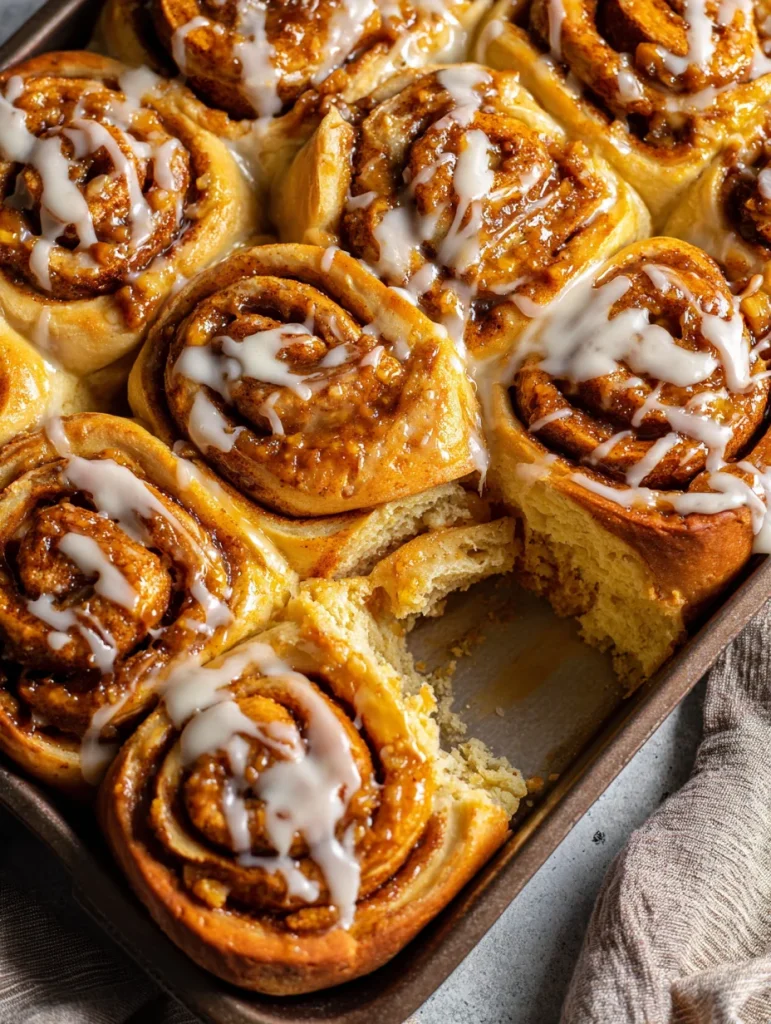 Warm cookie butter cinnamon rolls with icing drizzle in a baking pan.