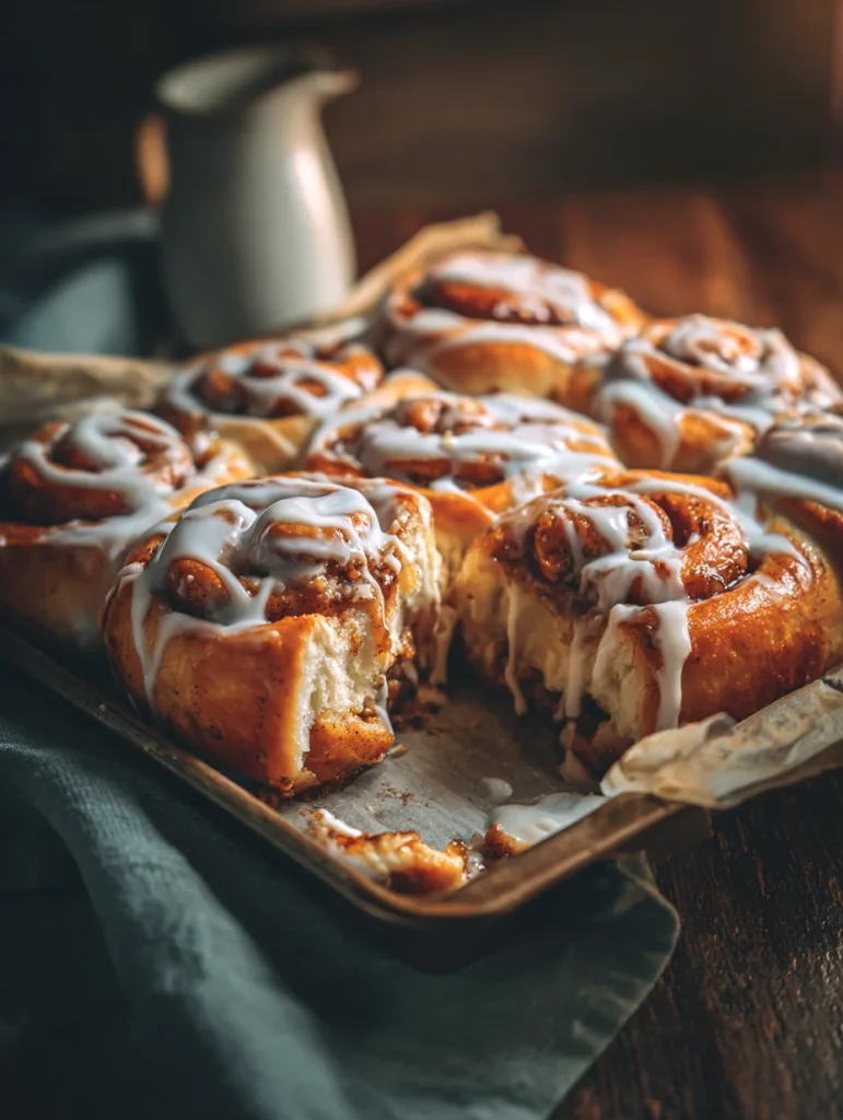 Freshly baked cookie butter cinnamon rolls with icing drizzle in a rustic baking tray.