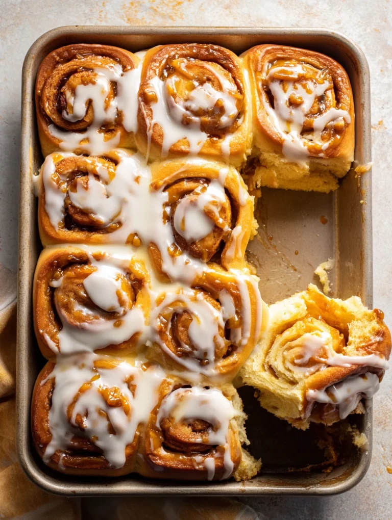 Freshly baked cookie butter cinnamon rolls drizzled with icing in a baking pan.
