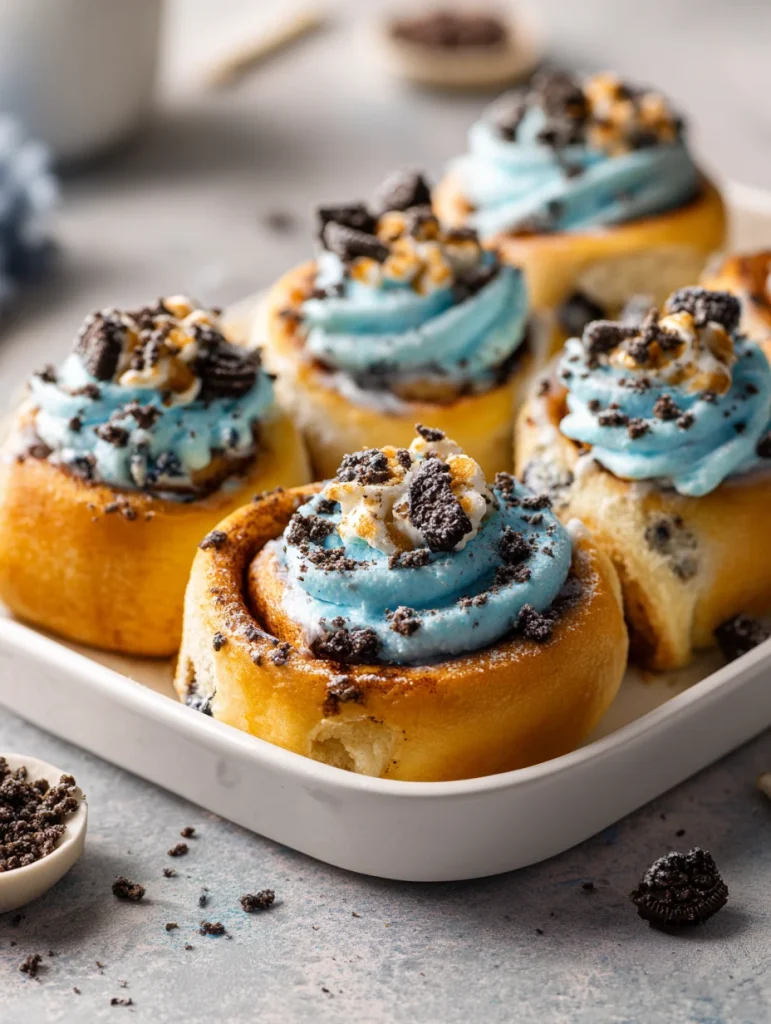 Cookie Monster cinnamon rolls with blue frosting swirls, crushed Oreo cookies, and cookie crumbles served in a white baking dish.