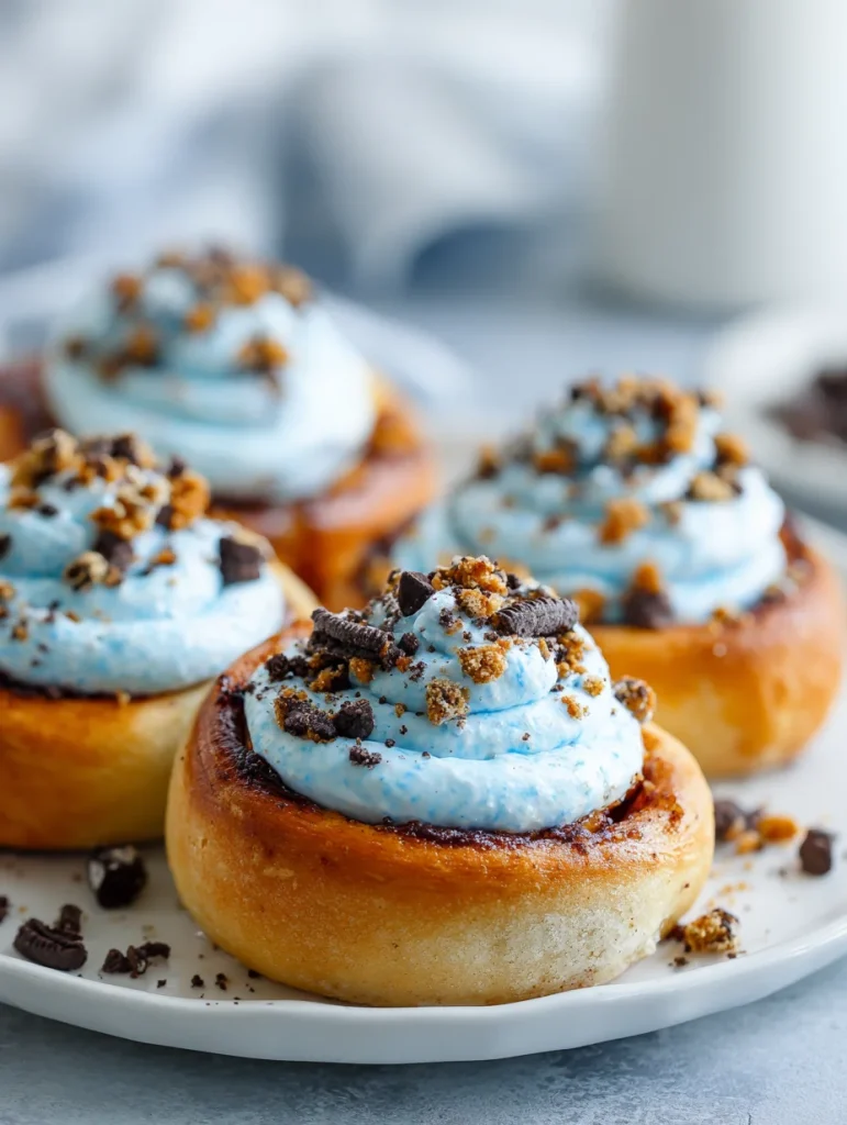 Cookie Monster cinnamon rolls topped with fluffy blue frosting, crushed Oreo pieces, and cookie crumbles on a white plate.
