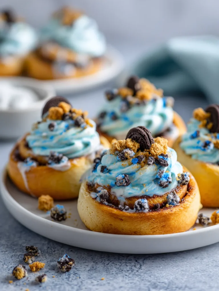 Cookie Monster cinnamon rolls topped with blue frosting, crushed cookies, chocolate chips, and mini Oreos on a white plate.