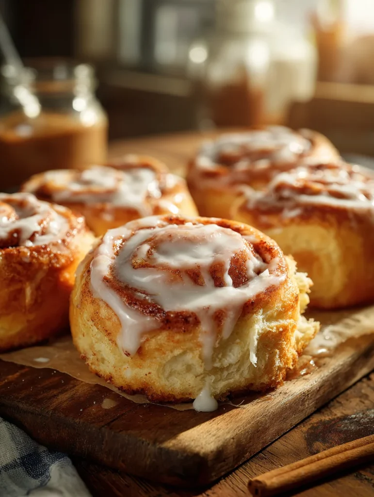 Warm cottage cheese cinnamon roll topped with vanilla glaze on a wooden board.