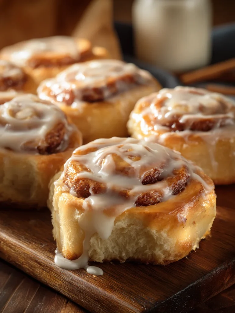 Freshly baked cottage cheese cinnamon rolls with creamy glaze dripping down.