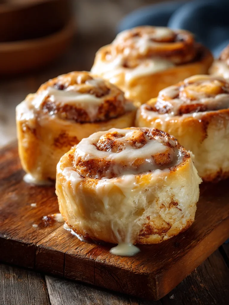 Freshly baked cottage cheese cinnamon rolls topped with creamy glaze on a wooden board.