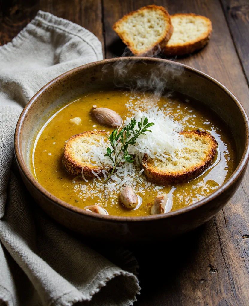 Bowl of steaming country French garlic soup topped with toasted bread, grated cheese, and fresh herbs.