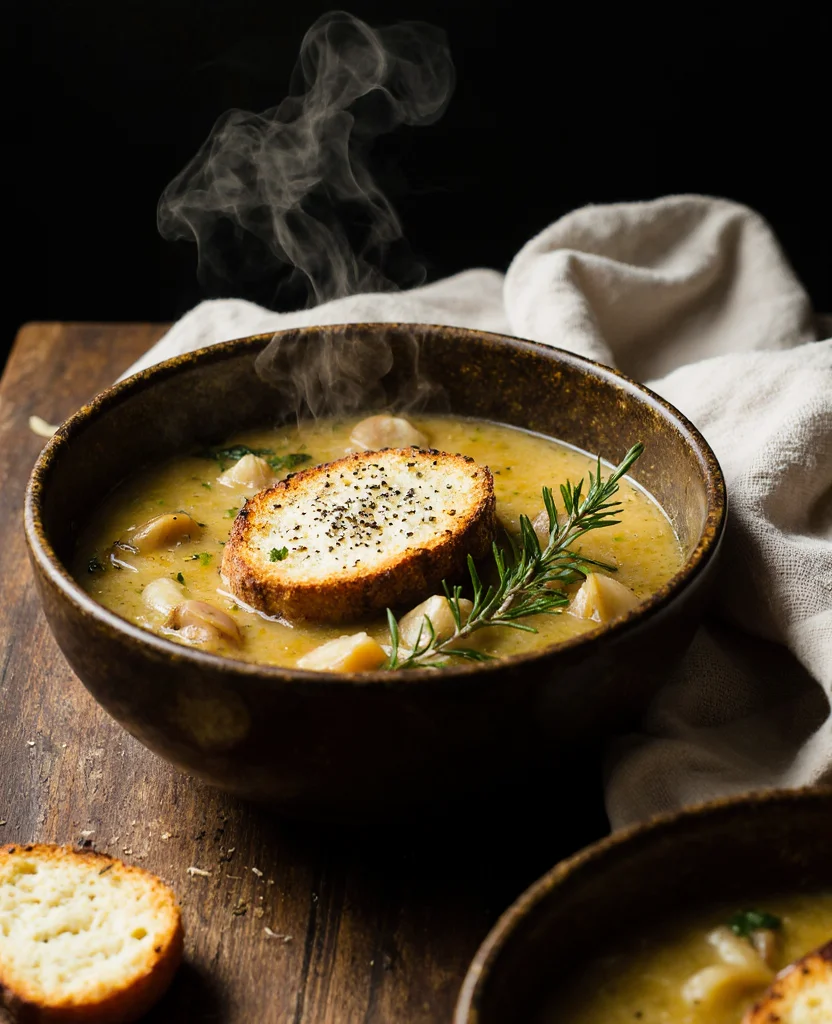Steaming bowl of country French garlic soup with toasted bread, fresh rosemary, and tender garlic cloves.