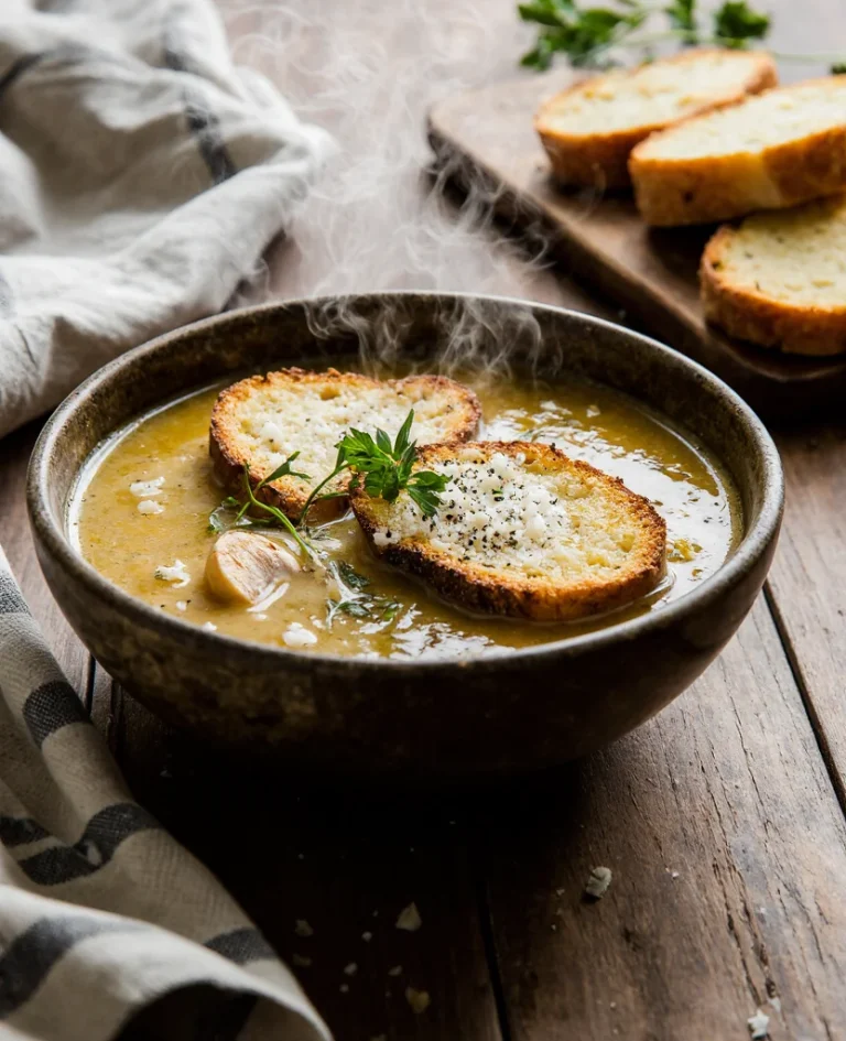 Rustic bowl of steaming country French garlic soup topped with toasted bread, melted cheese, and fresh herbs.
