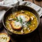 Bowl of rustic French garlic soup with whole garlic cloves, toasted bread, grated cheese, and fresh rosemary.