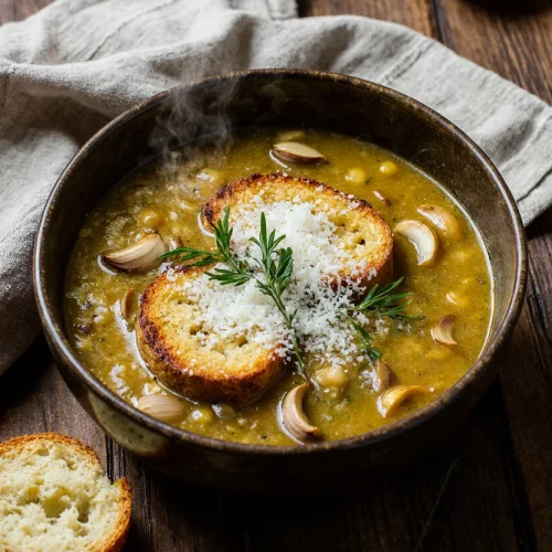 Bowl of rustic French garlic soup with whole garlic cloves, toasted bread, grated cheese, and fresh rosemary.
