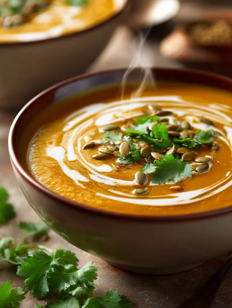 A warm and comforting bowl of curried butternut squash soup, garnished with fresh cilantro, toasted pumpkin seeds, and a swirl of cream. The vibrant golden-orange color highlights its rich, velvety texture and aromatic spices, making it the perfect cozy dish for fall and winter meals.
