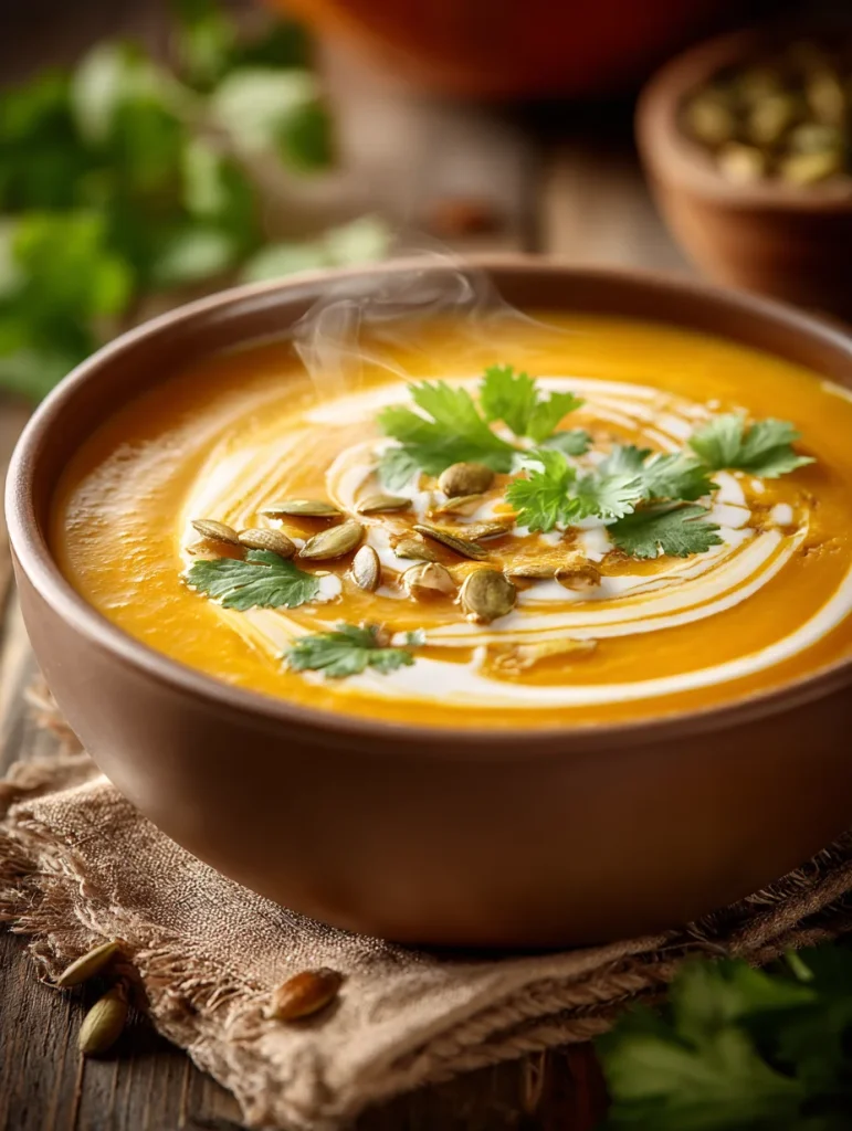 Bowl of curried butternut squash soup topped with cream swirl, pumpkin seeds, and fresh cilantro.