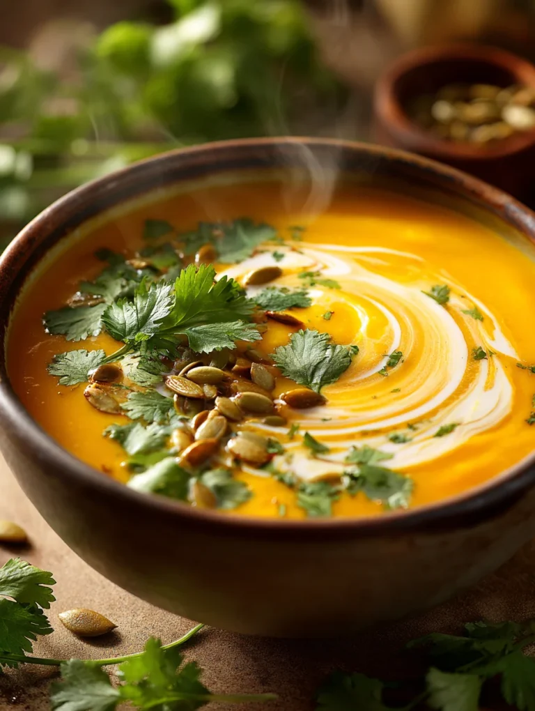 Bowl of creamy curried butternut squash soup topped with fresh cilantro, pumpkin seeds, and a swirl of cream.