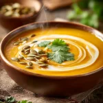Curried butternut squash soup with cream swirl, pumpkin seeds, and cilantro garnish.