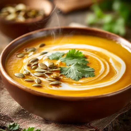 Curried butternut squash soup with cream swirl, pumpkin seeds, and cilantro garnish.