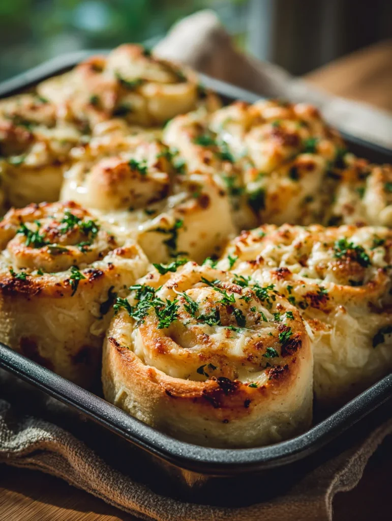 Close-up of cheesy garlic bread cinnamon rolls baked golden brown with fresh parsley on top.