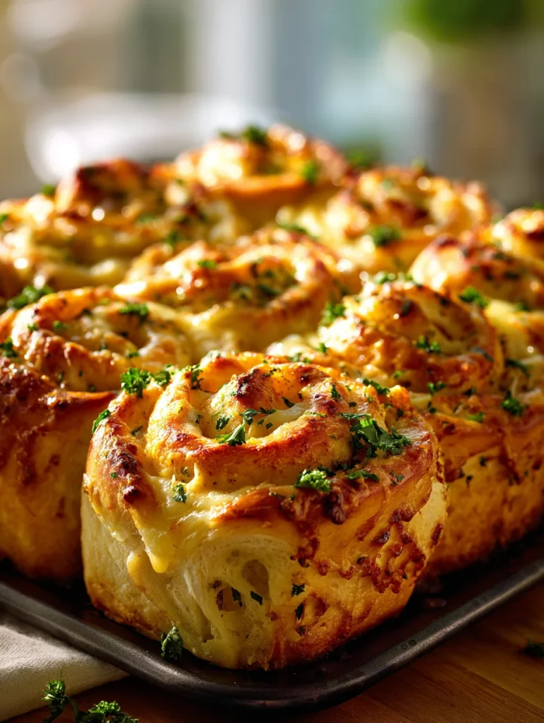 Golden brown garlic bread cinnamon rolls with melted cheese and parsley on a baking tray.