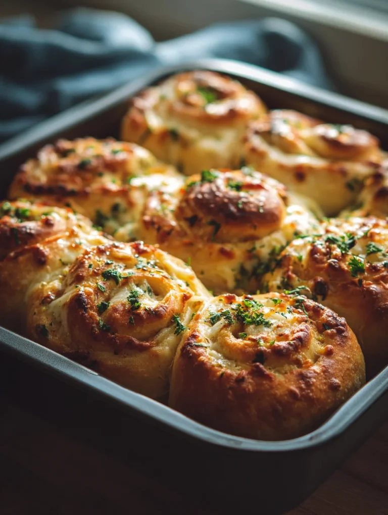 Freshly baked garlic bread cinnamon rolls topped with melted cheese and parsley in a baking pan.