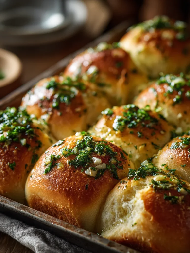 Golden brown garlic bread rolls topped with fresh parsley, garlic, and butter in a baking tray.