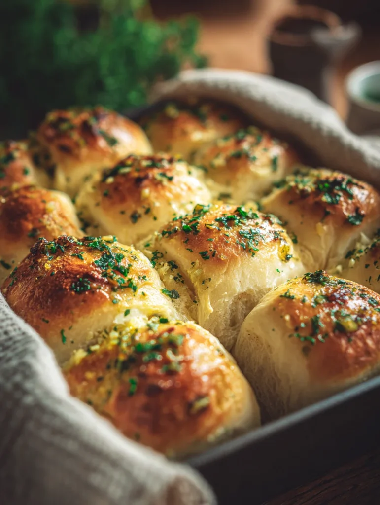 Freshly baked garlic bread rolls topped with golden butter, garlic, and parsley in a baking pan.