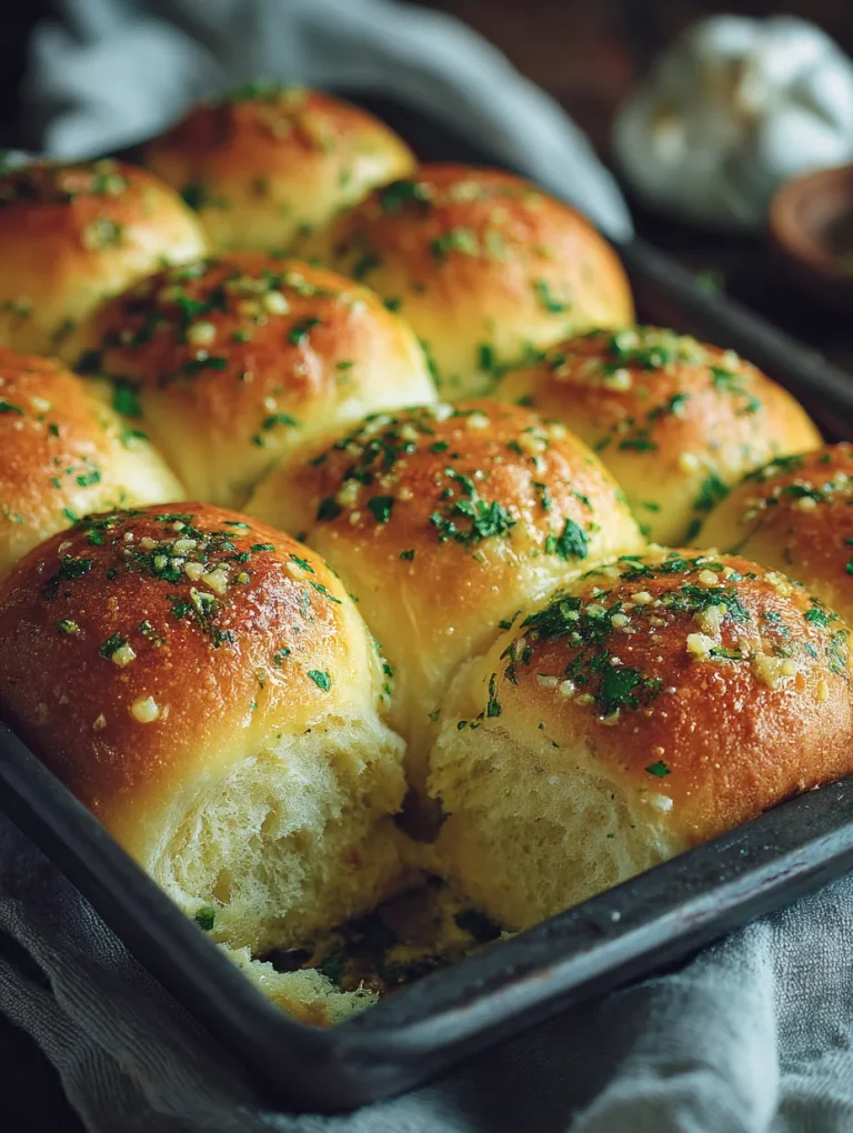 Freshly baked garlic bread rolls topped with melted butter, garlic, and parsley in a baking pan.