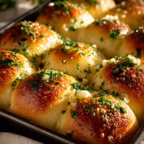 Golden garlic bread rolls baked in a pan, topped with melted butter, garlic, and fresh parsley.