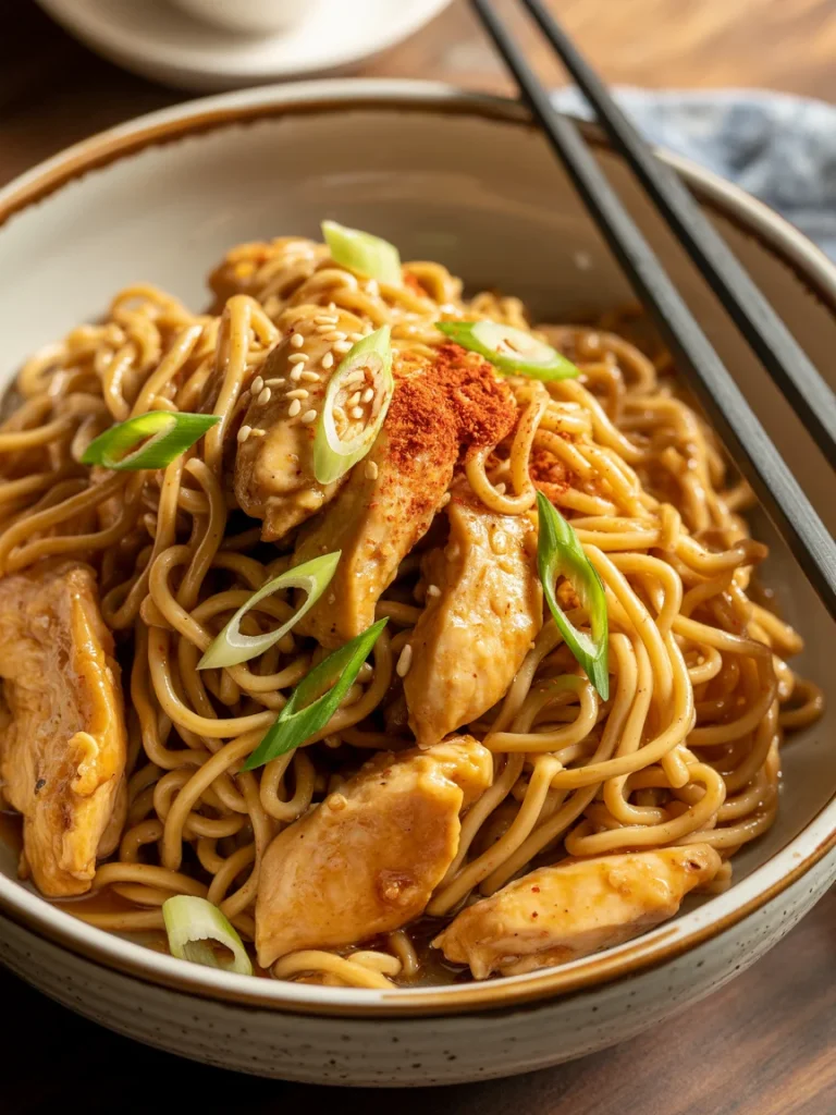 Garlic chicken noodles with sesame seeds, chili powder, and green onions in a ceramic bowl.
