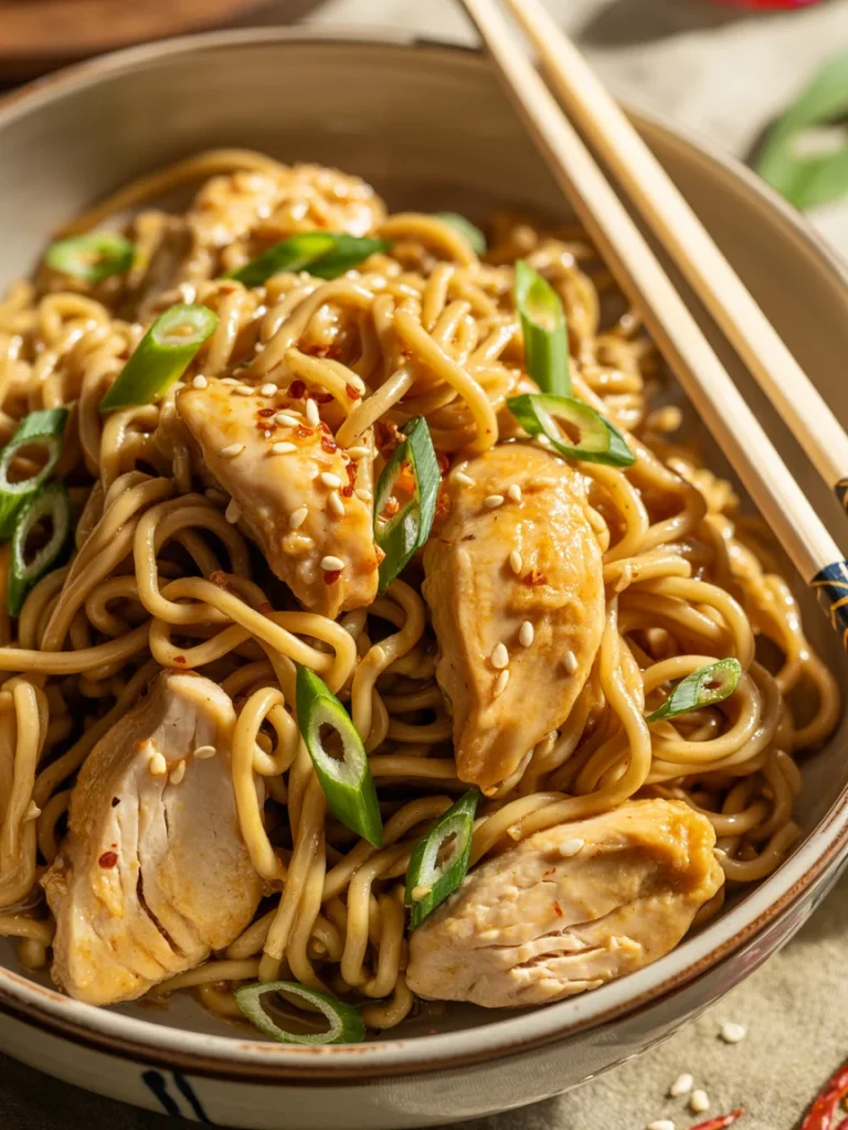 Garlic chicken noodles with sesame seeds, chili flakes, and sliced green onions in a ceramic bowl with chopsticks.