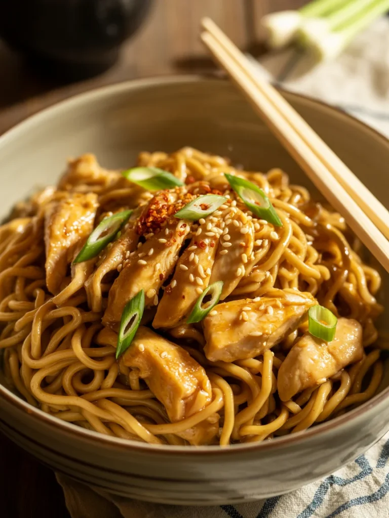 Bowl of garlic chicken noodles topped with sesame seeds and green onions.