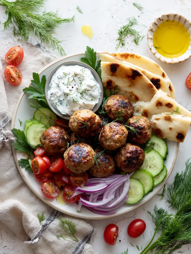Greek turkey meatballs served with pita bread, tzatziki sauce, cucumbers, tomatoes, and red onions on a plate.