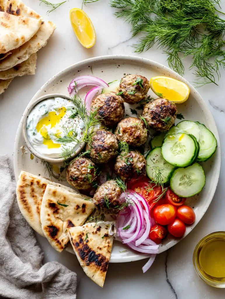 Greek turkey meatballs served with pita bread, tzatziki sauce, cucumber, tomatoes, and red onion on a white plate.