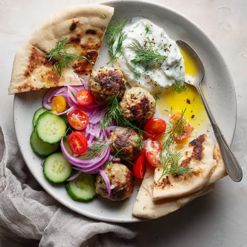 Plate of Greek turkey meatballs served with pita bread, cucumber slices, cherry tomatoes, red onions, and a side of tzatziki sauce.