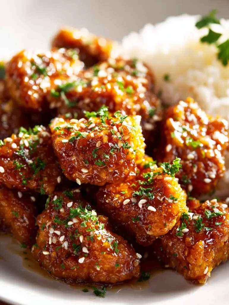 Close-up of honey butter chicken coated in a sticky golden glaze, garnished with sesame seeds and parsley, served with white rice on the side.